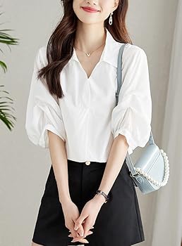 【美品】ーコチャン　ラウンドカラー　ホワイト パフスリーブ シャツ Amazon | プルオーバー シャツ レディース ブラウス トップス 5